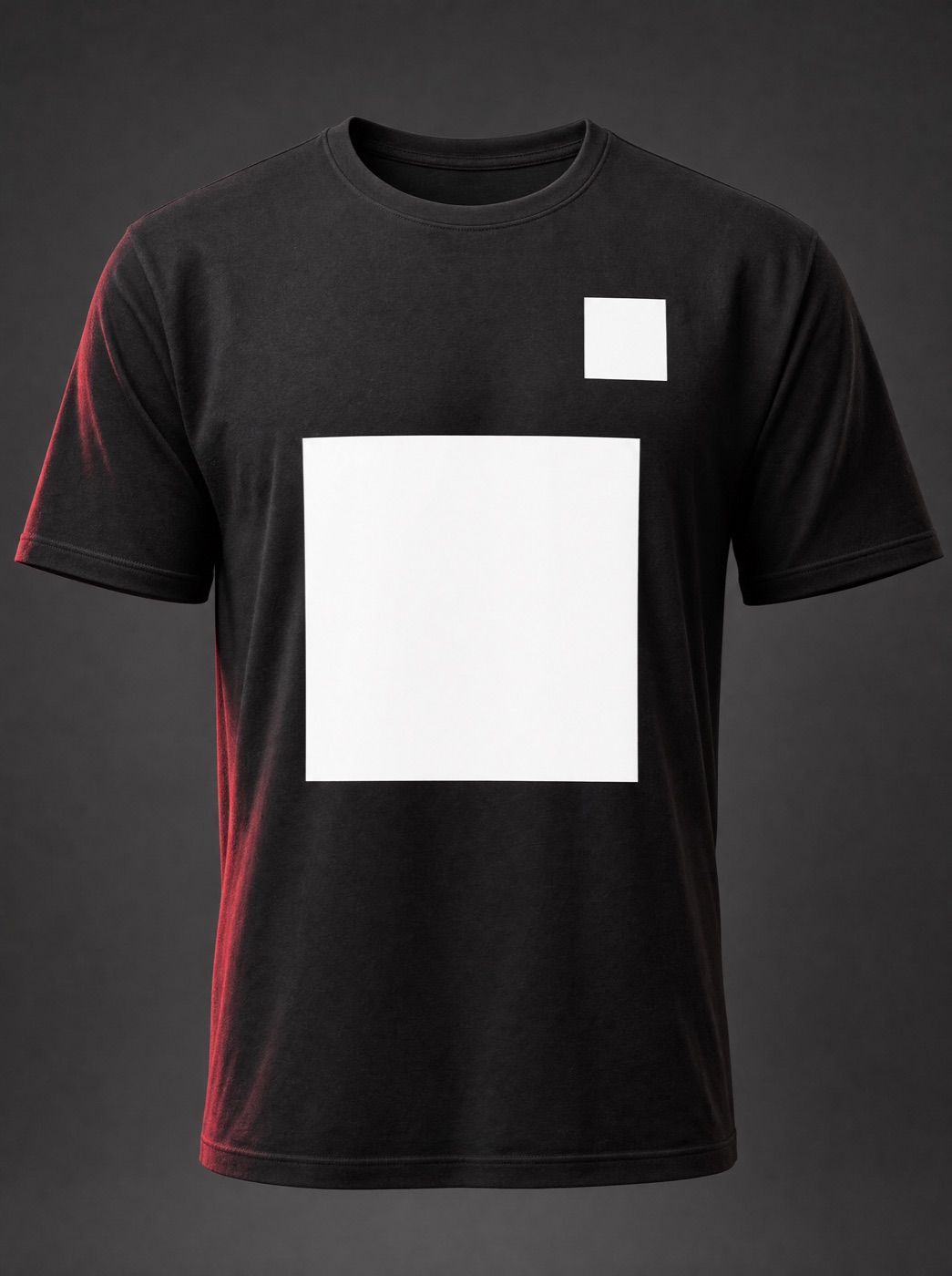 Produktfoto: schwarzes T-Shirt von vorne mit leeren Druckflächen auf Brust